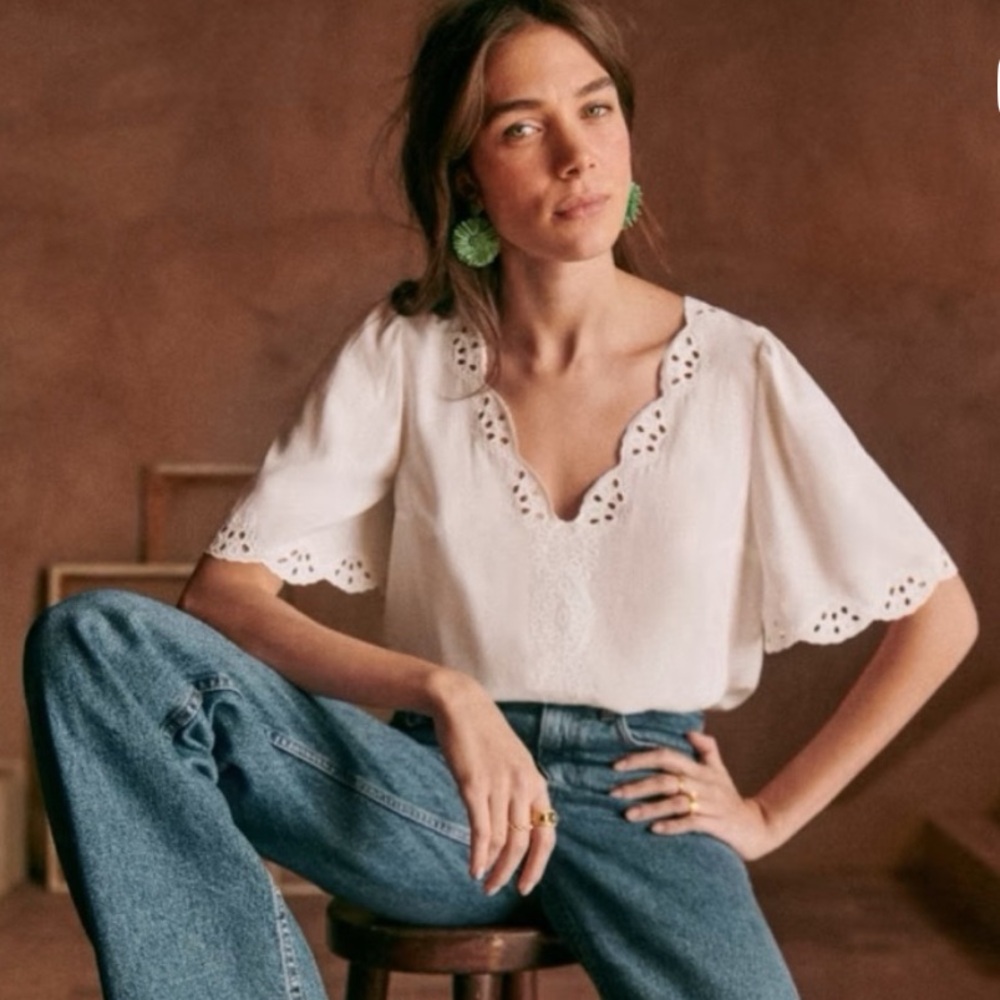 Sezane Francia Eyelet White Lace Trim Blouse 100% silk